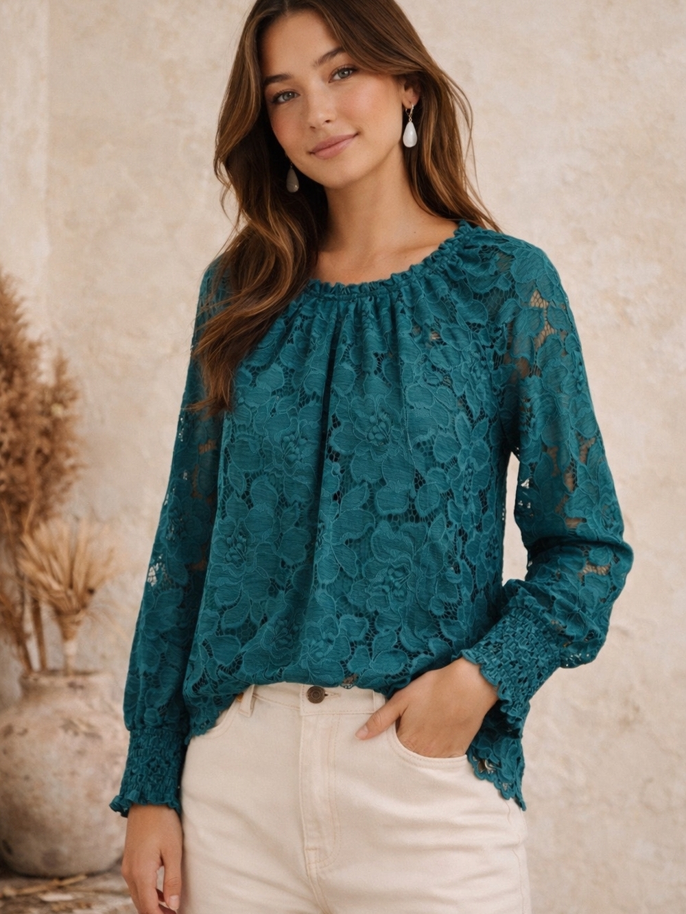 Teal Lace Peasant Blouse with Smocked Cuffs